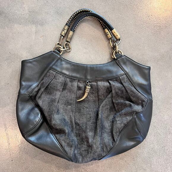 Just Cavalii Italian Leather black Denim shoulder purse RARE handbag Medium y2k - Picture 1 of 10